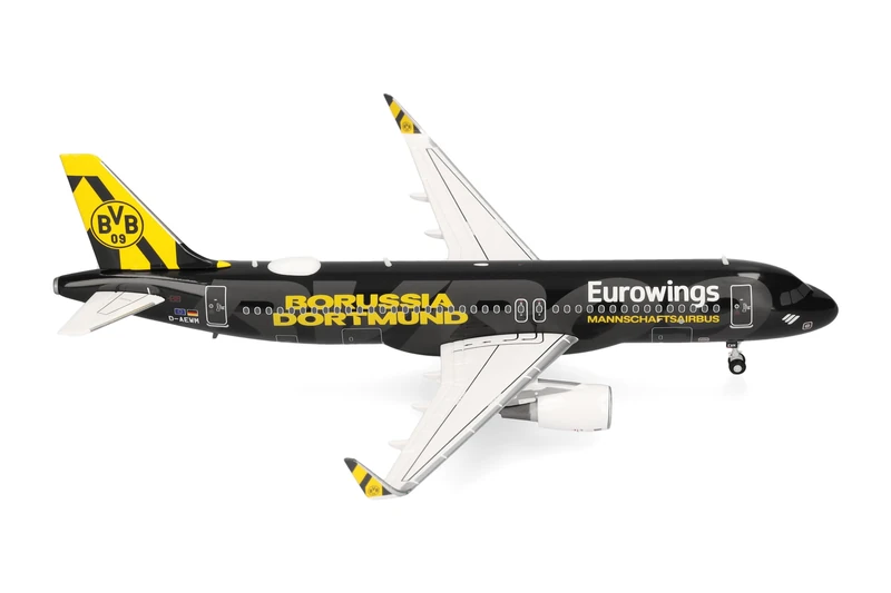 Herpa airplane model Eurowings Airbus A320 "BVB Mannschaftsairbus" (2025), on a scale of 1:200, metal miniature with pedastal, model building, collectors edition
