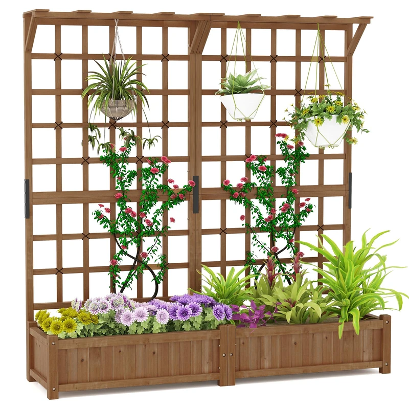 FANTASK Pack of 2 Flower Boxes with Trellis, 180 x 48 x 183 cm, Planter with Trellis & Roof, Raised Bed Fir Wood with Drainage Holes & Rope for Climbing Plants, Garden Trellis for Patio (Brown) - Image 1