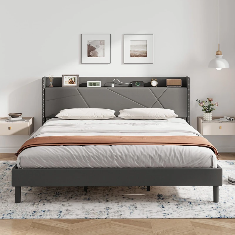IRONCK 6ft Super King Bed Frame with Charging Station, Bed Frame Super King with Upholstered Storage Headboard, Sturdy Wooden Slat Support, No Box Spring Needed Grey, 180X200 cm