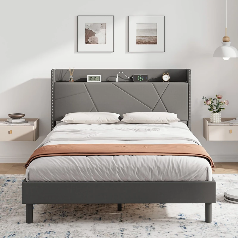 IRONCK 4ft6 Double Bed Frame with Charging Station, Bed Frame Double with Upholstered Storage Headboard, Sturdy Wooden Slat Support, No Box Spring Needed, Grey 135X190 cm