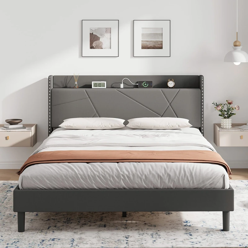 IRONCK 5ft King Size Bed Frame with Charging Station, Bed Frame King with Upholstered Storage Headboard, Sturdy Wooden Slat Support, No Box Spring Needed, Grey 150X200 cm