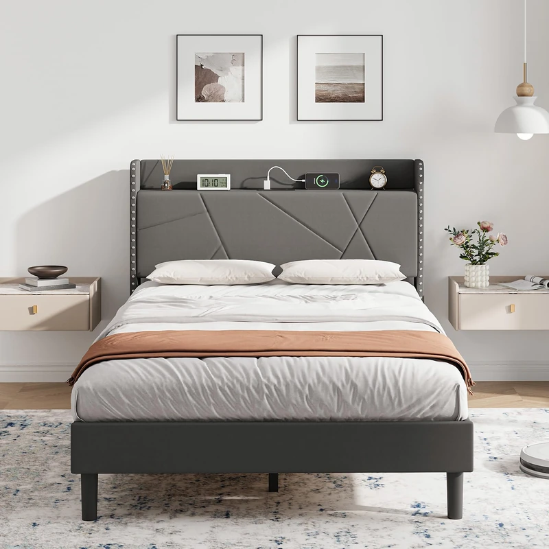 IRONCK 4ft Small Double Bed Frame with Charging Station, Bed Frame Small Double with Upholstered Storage Headboard, Sturdy Wooden Slat Support, No Box Spring Needed, Grey 120X190 cm
