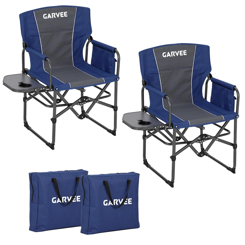 GarveeLife Oversized Directors Camping Chair 2PCS, Portable Folding Chair for Adults Support 400 lbs, Heavy Duty Lawn Chair with Side Table, for Camping, Sports, Picnic, Beach, Fishing, Blue
