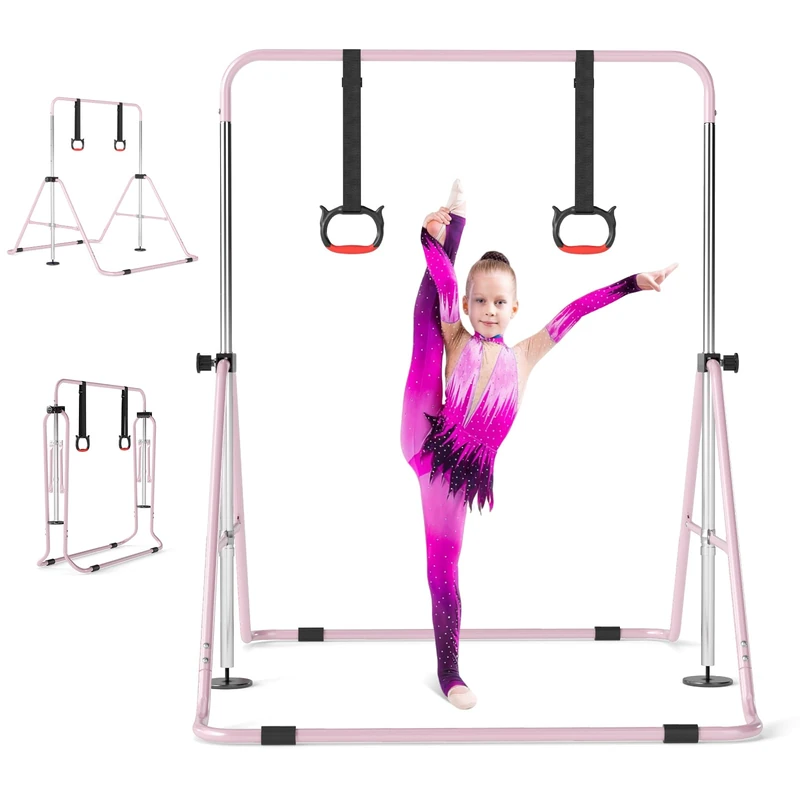 GYMAX Expandable Gymnastics Bar for Kids, Height Adjustable Horizontal Bar with Sturdy Metal Frame, Junior Kip Training Equipment for Indoor Home Use (Pink)