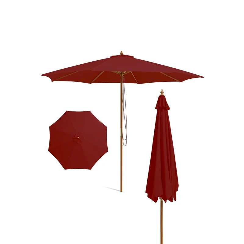 FANTASK Wooden Parasol, Diameter 300 cm, Garden Umbrella, Balcony Umbrella, Market Umbrella for Garden, Balcony, Patio, Pool (Red)