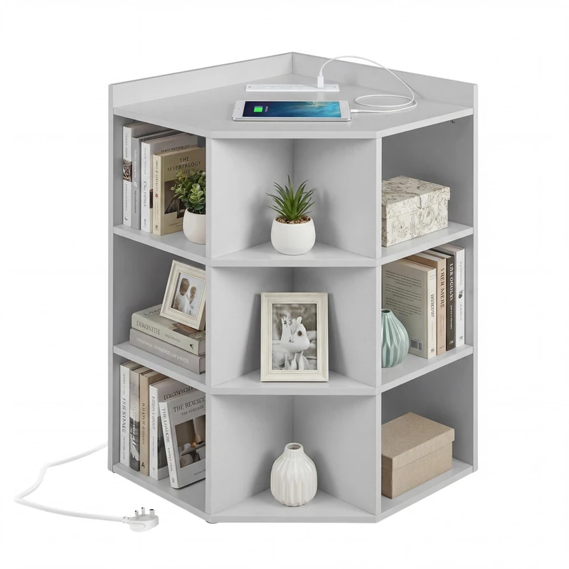CASART Corner Bookcase with Charging Station (Light Grey)