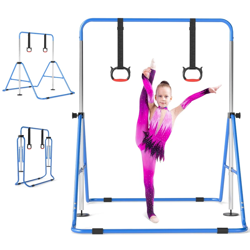 GYMAX Expandable Gymnastics Bar for Kids, Height Adjustable Horizontal Bar with Sturdy Metal Frame, Junior Kip Training Equipment for Indoor Home Use (Blue)
