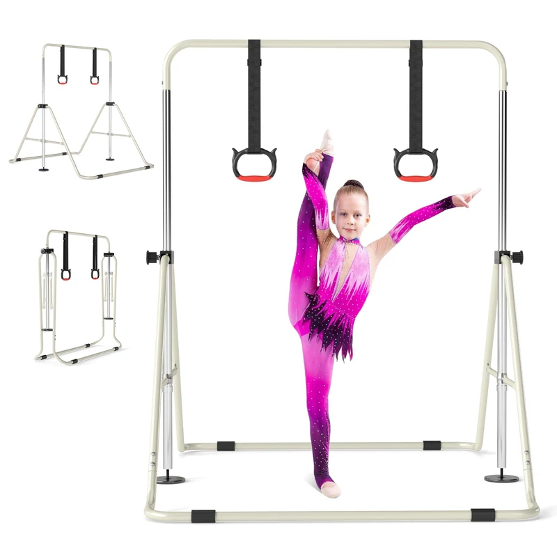 GYMAX Expandable Gymnastics Bar for Kids, Height Adjustable Horizontal Bar with Sturdy Metal Frame, Junior Kip Training Equipment for Indoor Home Use (Beige)