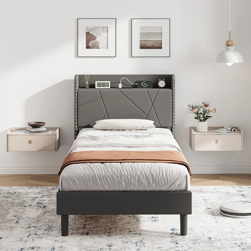 IRONCK 3ft Single Bed Frame with Charging Station, Bed Frame Single with Upholstered Storage Headboard, Sturdy Wooden Slat Support, No Box Spring Needed, Grey 90X190 cm