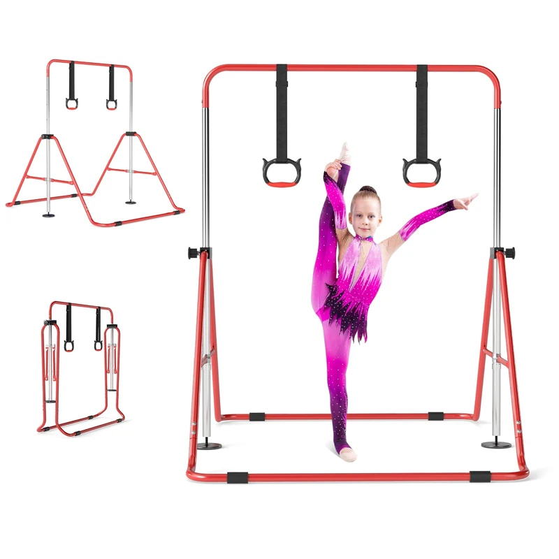 GYMAX Expandable Gymnastics Bar for Kids, Height Adjustable Horizontal Bar with Sturdy Metal Frame, Junior Kip Training Equipment for Indoor Home Use (Red)