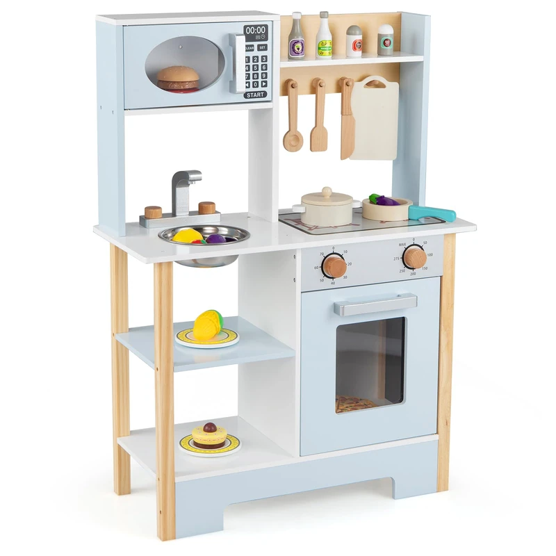 GYMAX Kids Play Kitchen, Wooden Toy Kitchen with Stoves, Oven, Chalkboard, Microwave and Accessories, Children Cooking Role Playset for 3+ Years Old