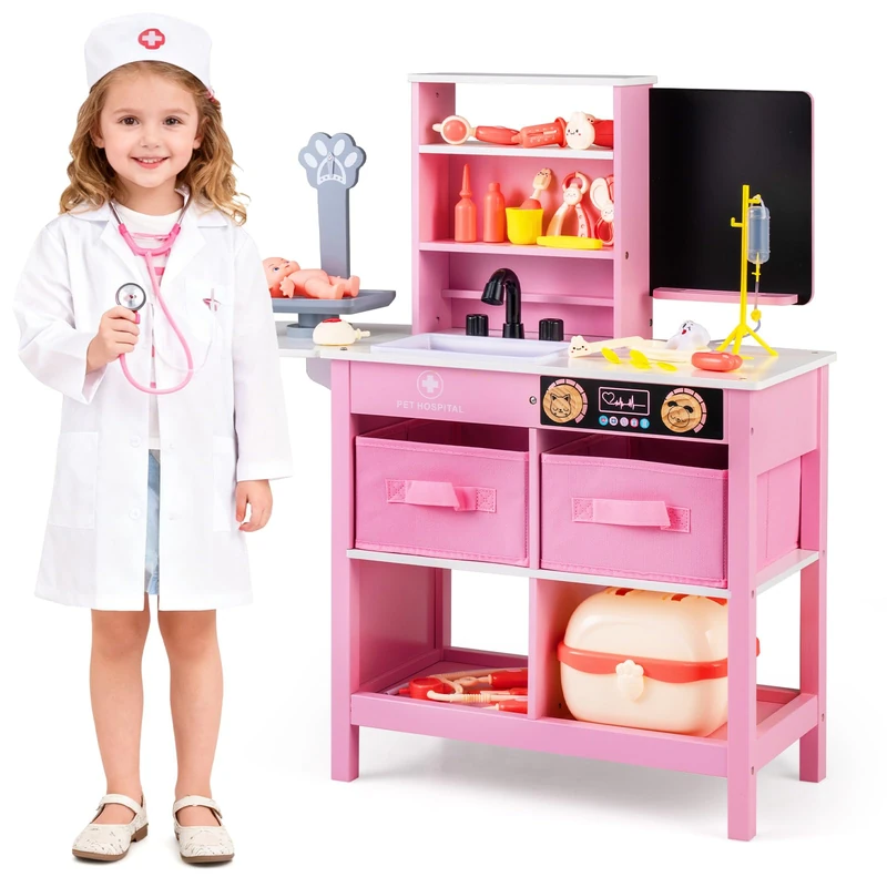 GYMAX Kids Doctor Play Set, Toy Medical Center with Folding Tabletop, Drawers, Blackboard, Pet Scale, Carrying Case & Accessories, Wooden Pretend Hospital Playset for 3+ Years Old (Pink + White)