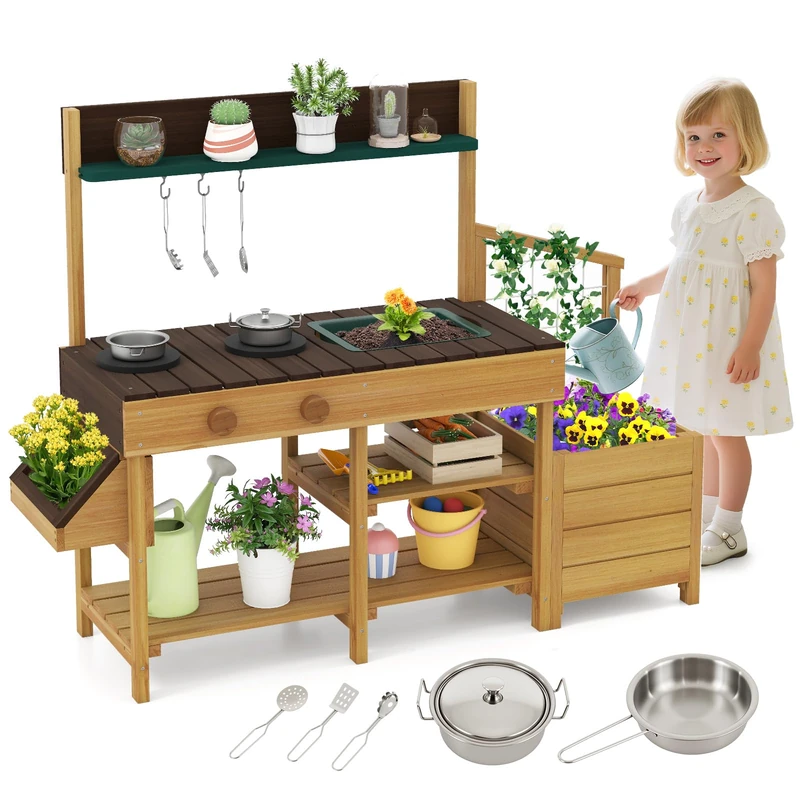 GYMAX Kids Mud Kitchen, Children Potting Bench Table with Removable Sink, Planter Boxes, Stoves, Trellis & Cooking Accessories, Outdoor Fir Wood Toy Kitchen for 3 Years Old+ (Natural + Brown)