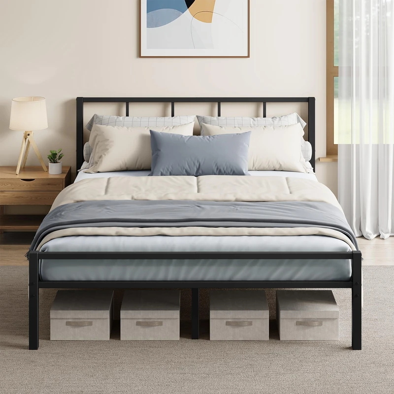 VASAGLE Double Bed Frame, 135 x 190 cm, with Slats and Headboard, Metal Platform Bed, Supports Up to 500 kg, Easy Assembly, Modern Bedroom Furniture, Ink Black RMB296B101