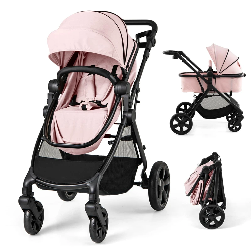 GYMAX Foldable Baby Stroller, All in One Toddler Pushchair with Adjustable Backrest/Canopy and Storage Bag, Portable Convertible Buggy Pram for Newborns (Pink, Without footmuff: 89 x 60 x 111 cm)