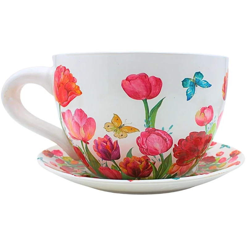 Dekohelden24 XXL Flower Pot, Plant Cup, Planter, Planter, Flower Pot, Plant Pot, Cup with Ceramic Handle, Motif: Tulip Sea, L/W/H 34 x 28 x 16 cm - Image 1