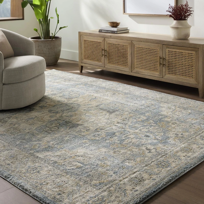 Livabliss Bilo Vintage Area Rug for Living Room 200 x 280 cm, Bedroom – Traditional Patterned Boho Style,Easy Care High Pile – Large Indoor Floor Cover, Light Blue and Beige - Image 1