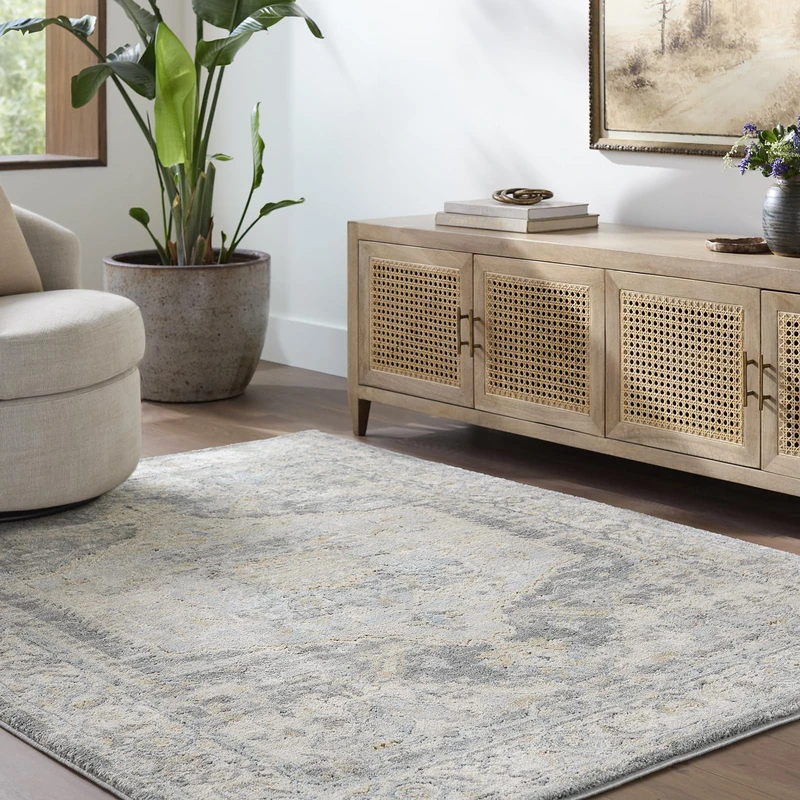Livabliss Jano Vintage Area Rug for Living Room 160 x 213 cm, Bedroom – Traditional Patterned Boho Style,Easy Care High Pile – Large Indoor Floor Cover, Light Blue and Ivory