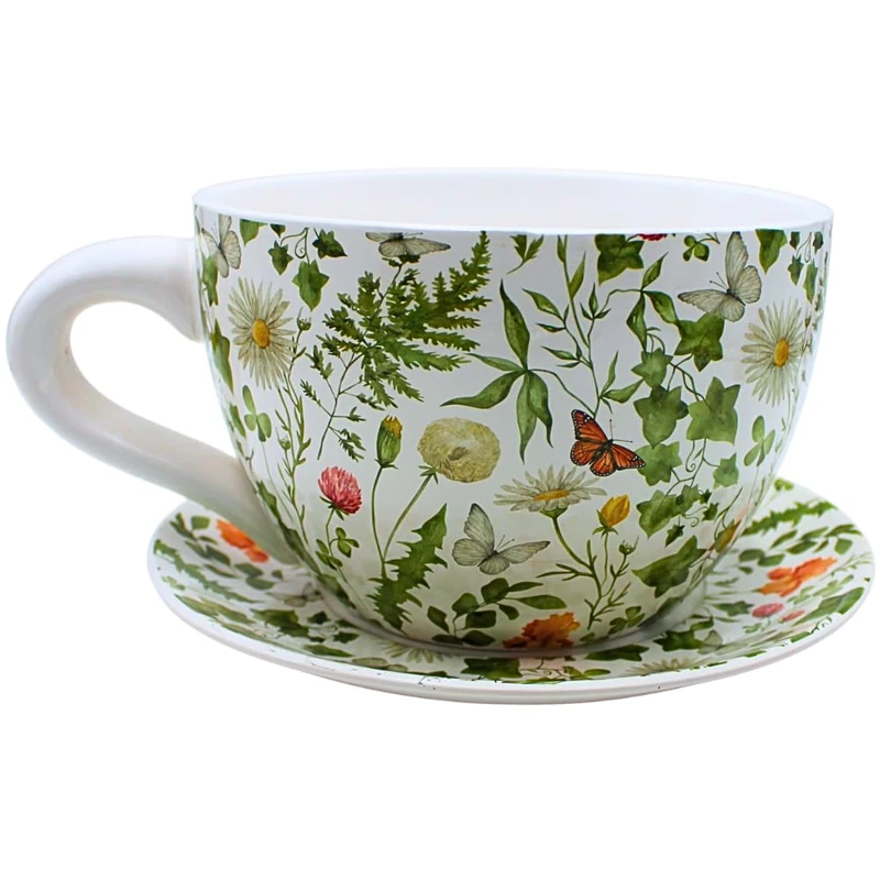 Dekohelden24 XXL Flower Pot, Plant Cup, Planter, Planter, Flower Pot, Plant Pot, Cup with Ceramic Handle, Magerite Motif, L/W/H 34 x 28 x 16 cm - Image 1