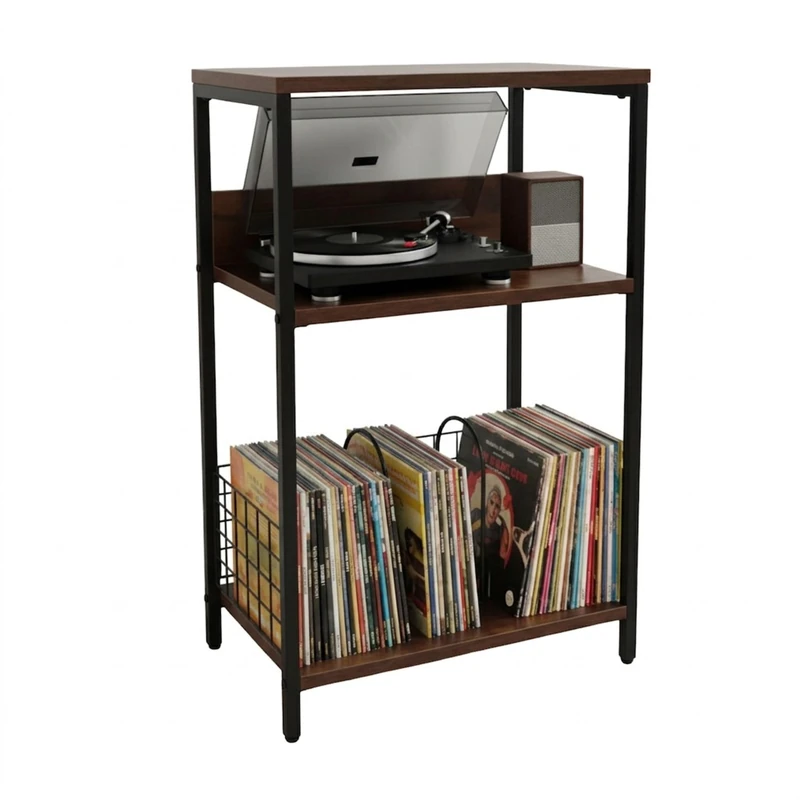 Relaxdays Turntable Stand with Dividers, 3 Levels, Iron/MDF, 65x40x30 cm, Brown/Black Record Shelf