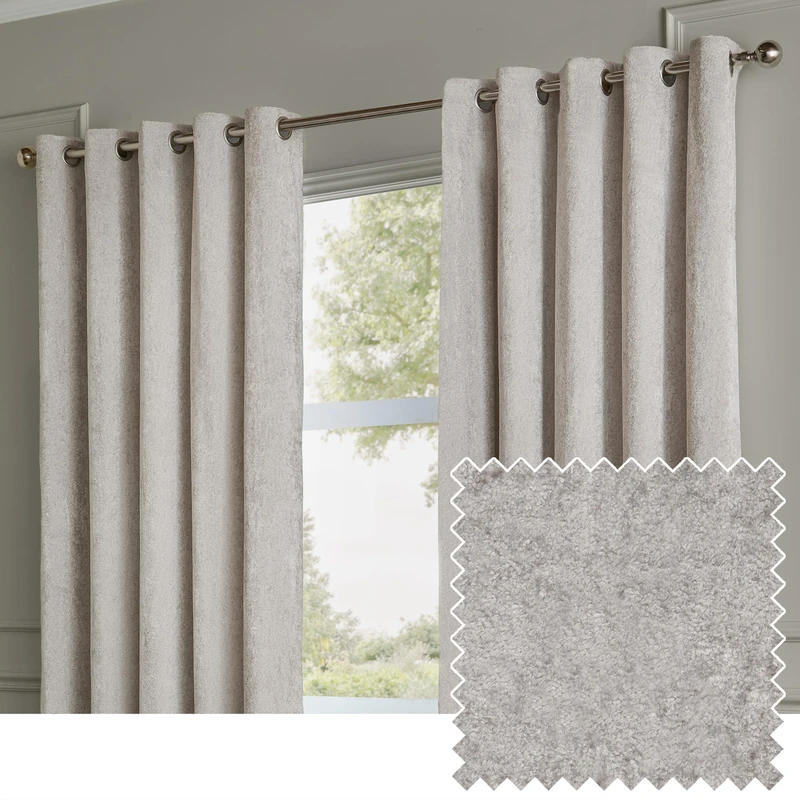 Paoletti Lustre Velvet Eyelet Curtain Pair – Luxury Soft Iridescent Sheen Textured Room Darkening Curtains (Silver – Width 168 x Drop 229cm)