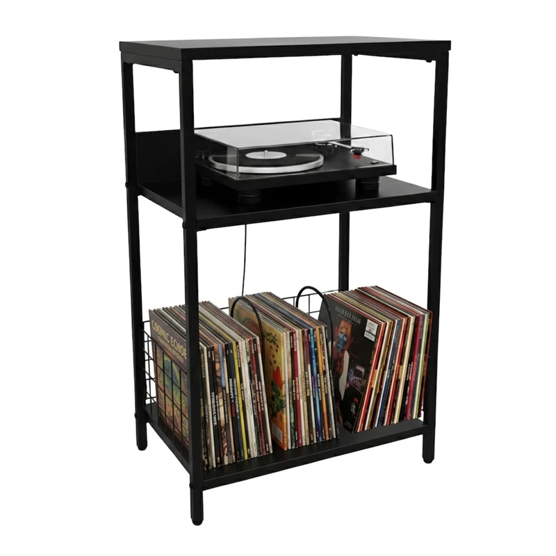 Relaxdays Record Player Stand, 3 Tiers with Dividers, Iron & MDF, 65 x 40 x 30 cm, Black