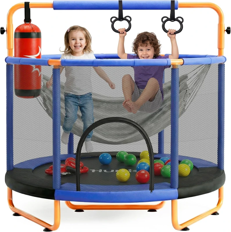Hurtle Kids Trampoline 55 Inch with Enclosure Indoor Outdoor – Toddler Trampoline with Swing, Gymnastic Rings, Boxing Bag, Adjustable Bar 54kg Capacity for Age 3+, Pink