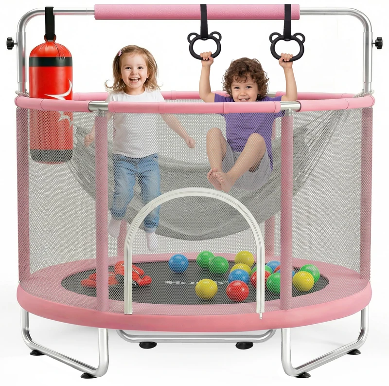Hurtle Kids Trampoline 55 Inch with Enclosure Indoor Outdoor – Toddler Trampoline with Swing, Gymnastic Rings, Boxing Bag, Adjustable Bar 54kg Capacity for Age 3+, Pink