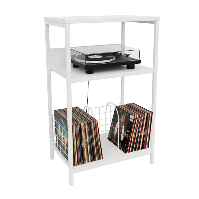 Relaxdays Record Stand, 3 Tiers with Dividers, Iron/MDF, Vinyl Shelf, 65x40x30 cm, White