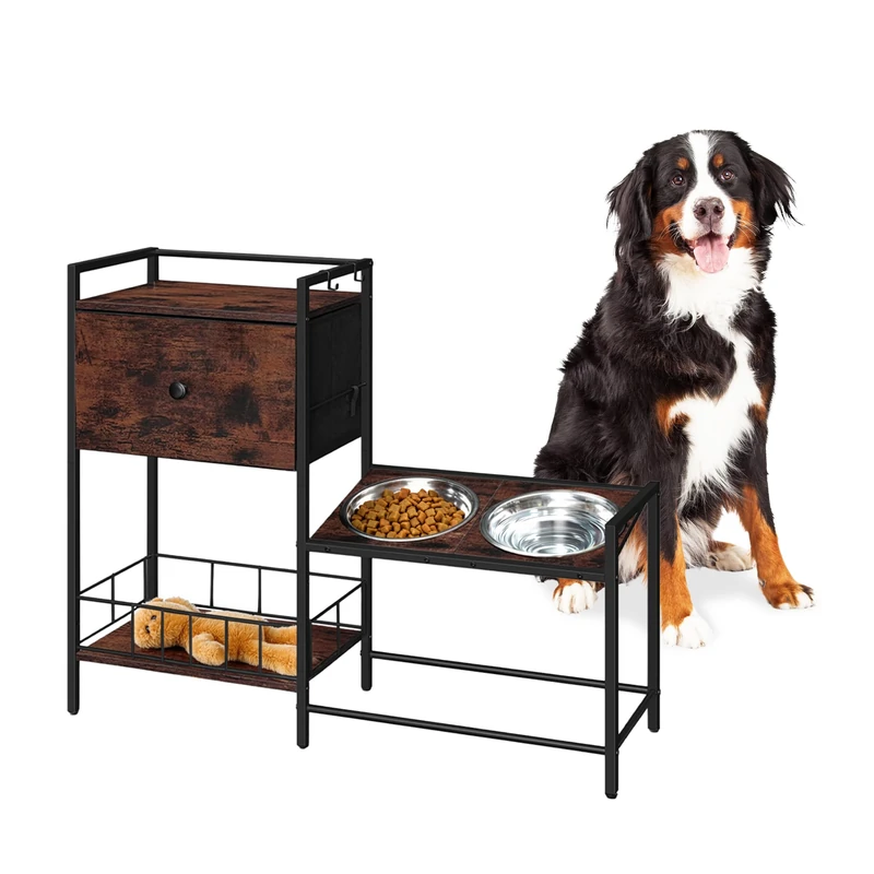 Relaxdays Dog Feeding Station with 2 Stainless Steel Bowls, Storage, Raised, Industrial Design, 76x90x27 cm, Brown