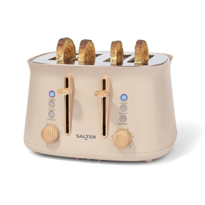 Salter Malmö 4-Slice Toaster – Extra Wide Slots for Thick Bread & Bagels, 6 Browning Levels, Defrost, Reheat, Cancel & High-Lift Eject, Removable Crumb Tray, Nordic Design, 1630 W, Stone