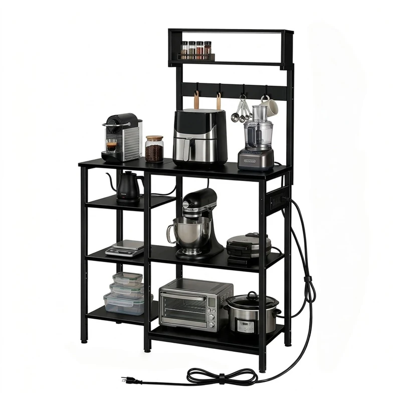 Relaxdays kitchen shelf with socket & USB, HWD: 151x82x40 cm, microwave shelf, freestanding, wood-effect, metal, black