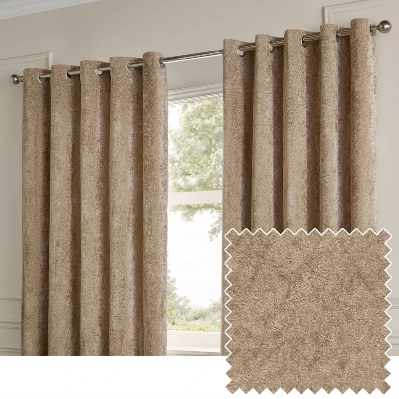 Paoletti Lustre Velvet Eyelet Curtain Pair – Luxury Soft Iridescent Sheen Textured Room Darkening Curtains (Champagne – Width 168 x Drop 229cm)