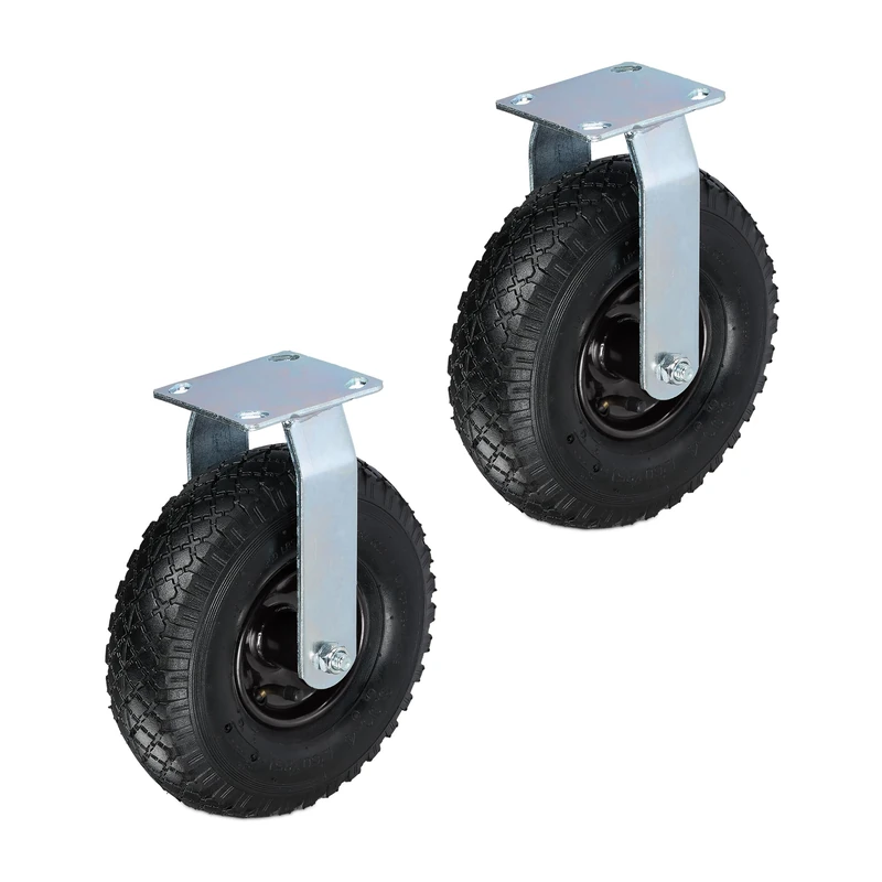Relaxdays Pneumatic Fixed Castor, set of 2, 3.00-4, Load 120 kg, Rubber, Air-Filled, Heavy-Duty Wheel, Black