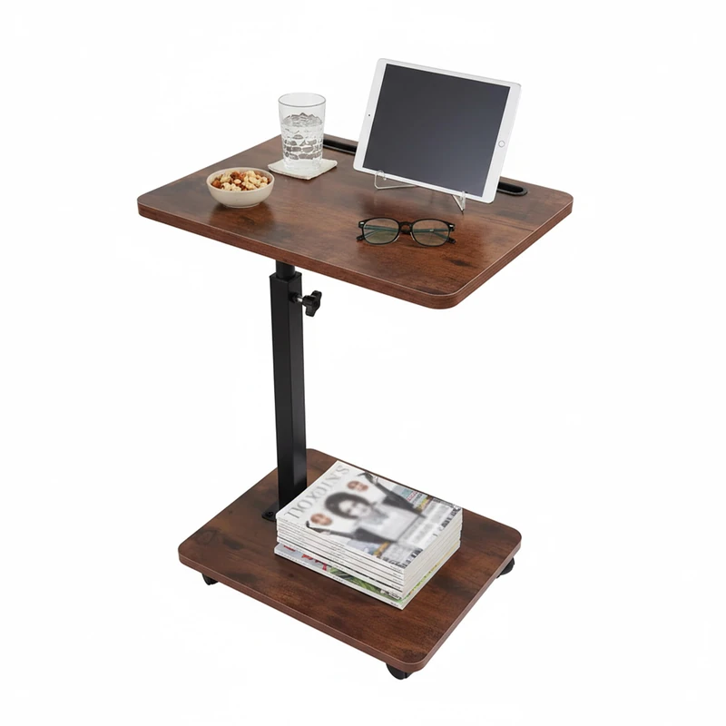 Relaxdays C-Shaped Side Table, Height-adjustable 48–84 cm, Sofa Slide-under Table with Castors, Industrial, Brown