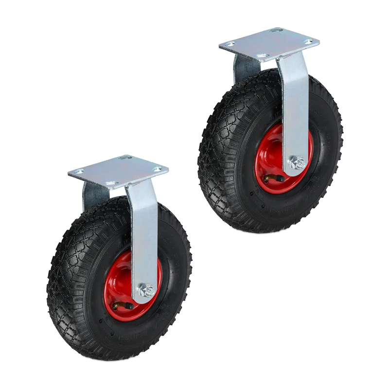 Relaxdays Pneumatic Fixed Castor, 3.00-4, Load 120 kg, Rubber, Steel Plate, Air-Filled, Heavy-Duty Wheel,