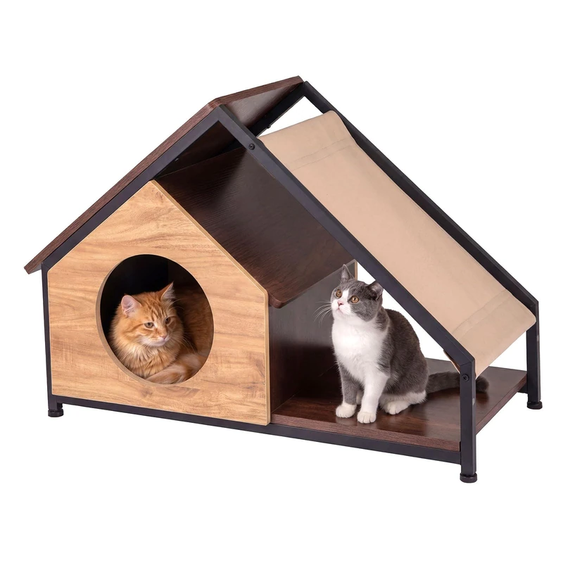 GYMAX Wooden Cat House, Kitty Condo Furniture with 2 Entrances, Detachable Roof and Leisure Platform, Indoor Decorative Pet Hideaway Shelter - Image 1