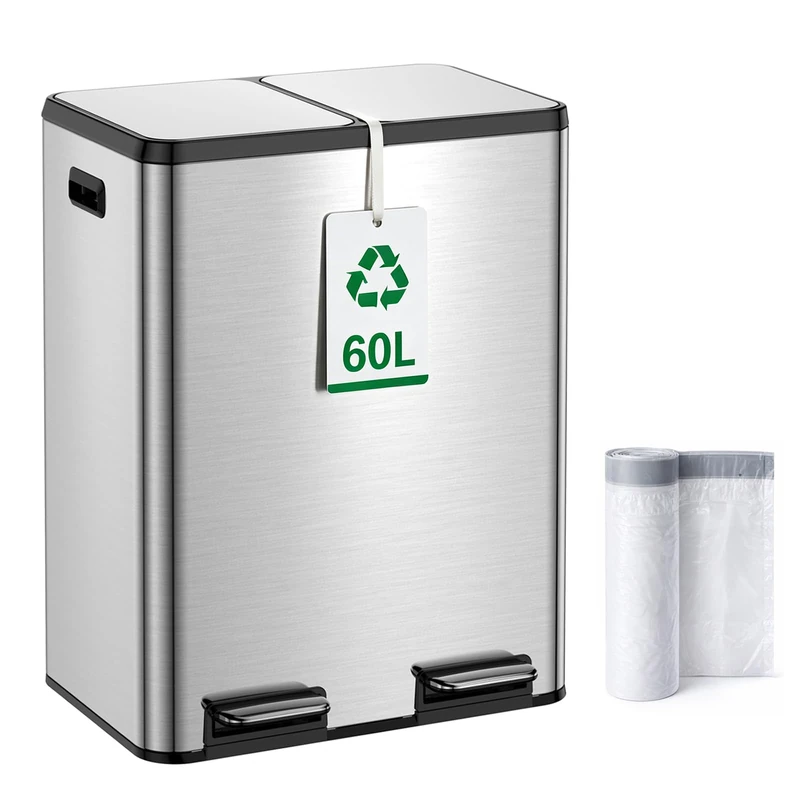 Kitchen Bin,60L Dual Rubbish Bin,2 x 30L Stainless Steel Pedal Bin,Double Bin Recycling with Soft-Close Lids and Plastic Inner Buckets,Fingerprint Proof,Odour Seal,Large Capacity,White Silver