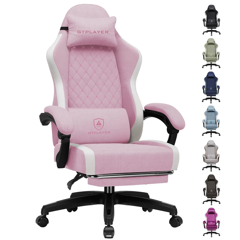 GTPLAYER Fabric Gaming Chair with Footrest, Ergonomic Computer Desk Chair with Pocket Spring Cushion Home Office High Back Support Lumbar Support Heavy Duty Wide