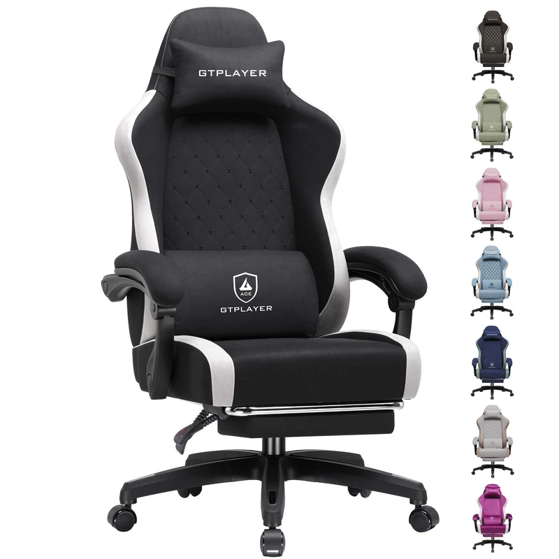 GTPLAYER Fabric Gaming Chair with Footrest, Ergonomic Computer Desk Chair with Pocket Spring Cushion Home Office High Back Support Lumbar Support Heavy Duty Wide