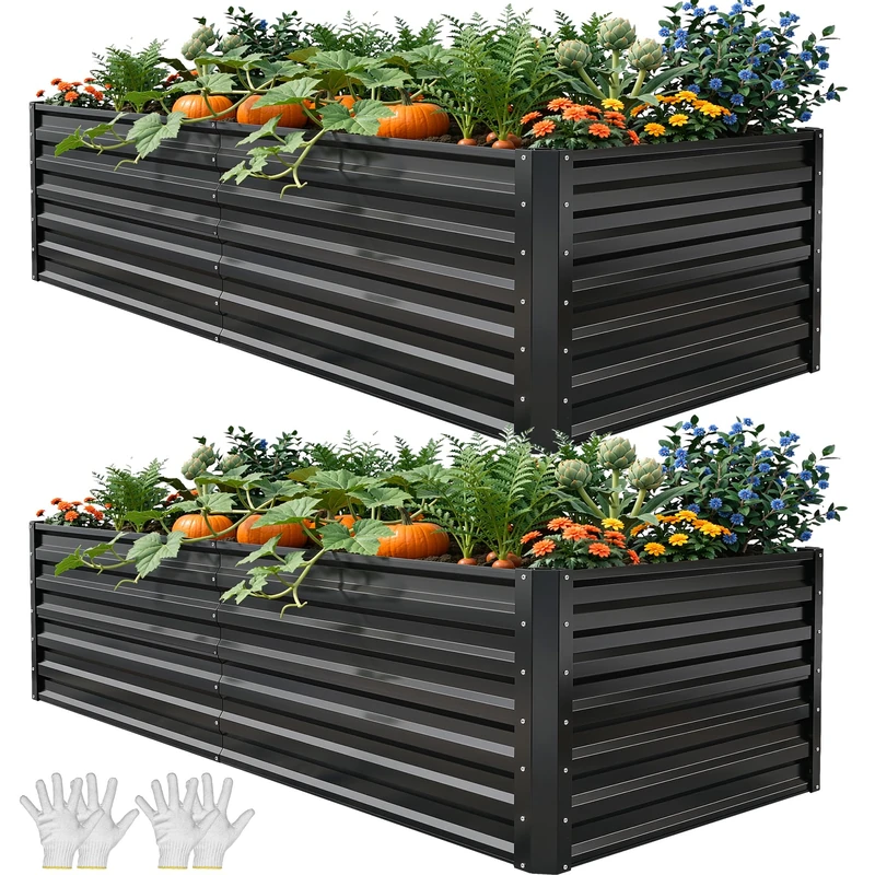 YITAHOME 2PCS Outdoor Raised Garden Bed Kit,180x90x60cm Raised Beds Thickened Zinc-Aluminum-Magnesium Metal Raised Beds for Garden with Support Rod & Gloves for Vegetables Flowers Fruits (Black)