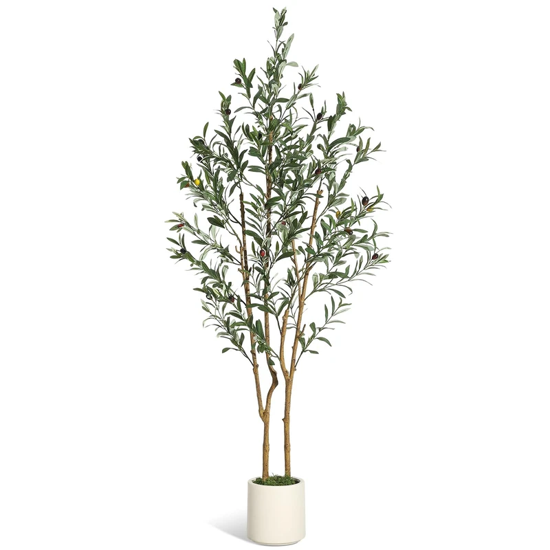 Garvee Artificial Olive Tree, 150 cm, Artificial Tree with Natural Trunk and Realistic Fruits, White Imitation Ceramic Pot and Green Moss for Indoor Decoration, Modern Living Room, Office, Home - Image 1