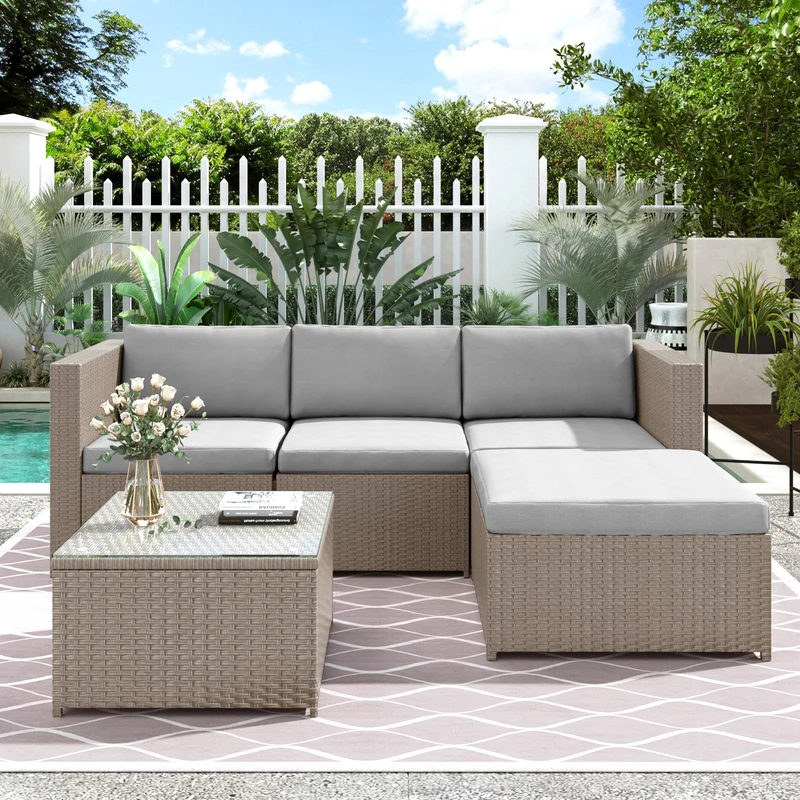 Merax 3-Piece Rattan Garden Furniture Set, Outdoor Patio Sofa Lounge Set with Cushions and Glass Coffee Table, Compact Garden Conversation Set for Patio, Balcony or Terrace, Khaki