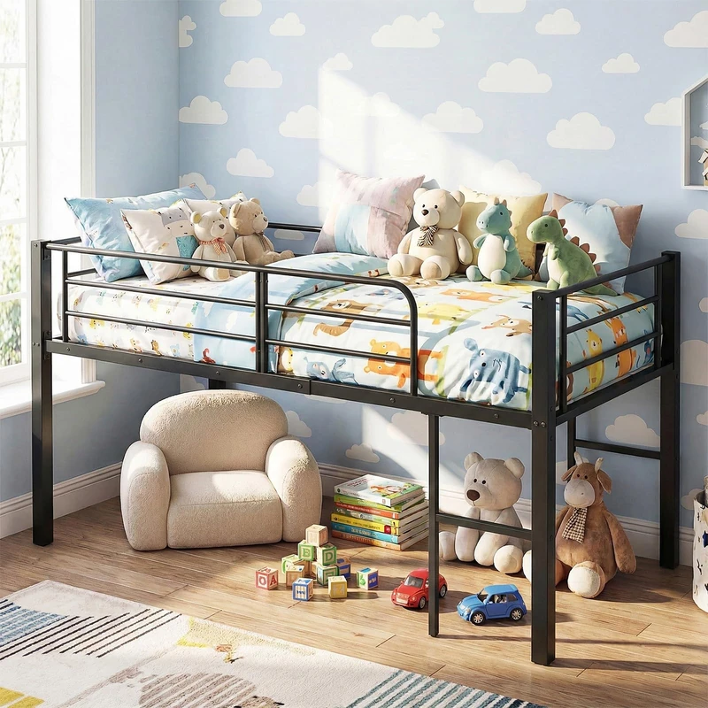 GYMAX Metal Kids Bunk Bed, 3FT Children Loft Bed with Guardrails & 2 Ladders, Heavy Duty Toddler Bedframe for Boys Girls, No Box Spring Needed (Black)