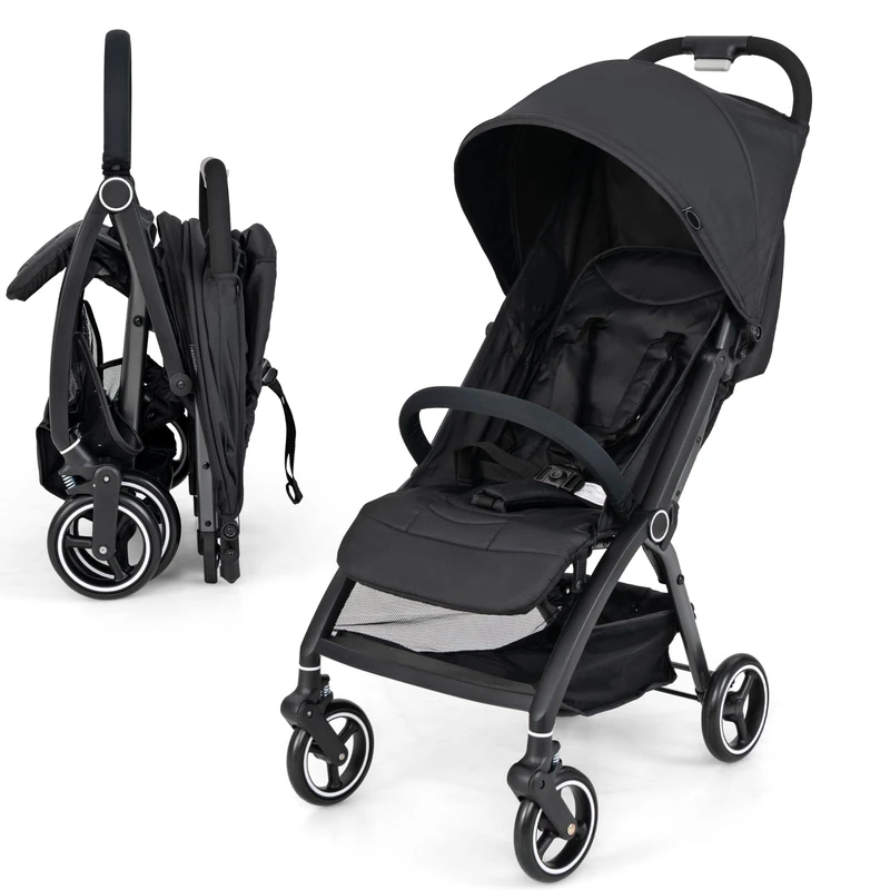 GYMAX Baby Stroller, Foldable Toddler Pushchair with Adjustable Backrest, Canopy and Calf Support, Storage Basket, Baby Buggy Pram Carriage for 0-3 Years Old Infant Kids (Black)