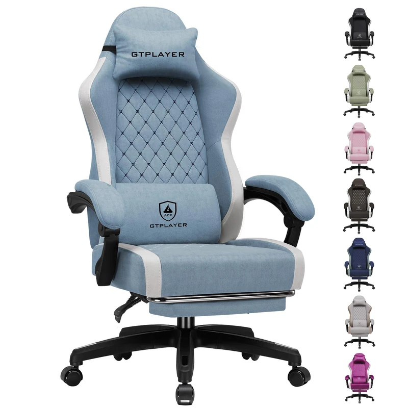 GTPLAYER Fabric Gaming Chair with Footrest, Ergonomic Computer Desk Chair with Pocket Spring Cushion Home Office High Back Support Lumbar Support Heavy Duty Wide