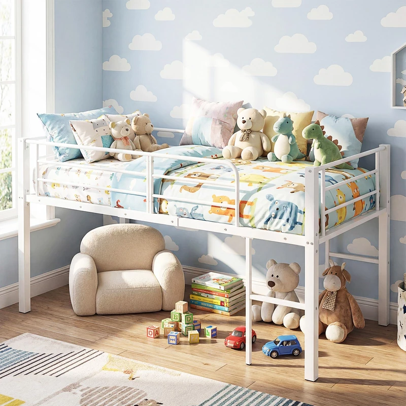 GYMAX Metal Kids Bunk Bed, 3FT Children Loft Bed with Guardrails & 2 Ladders, Heavy Duty Toddler Bedframe for Boys Girls, No Box Spring Needed (White)