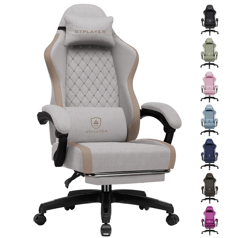 GTPLAYER Fabric Gaming Chair with Footrest, Ergonomic Computer Desk Chair with Pocket Spring Cushion Home Office High Back Support Lumbar Support Heavy Duty Wide