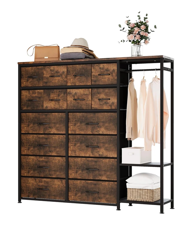 Garvee 16 Drawer Storage Chest of Drawers with Wardrobe and Shelves - Fabric Organizer for Bedroom, Dressing Room, Entryway, Tiger