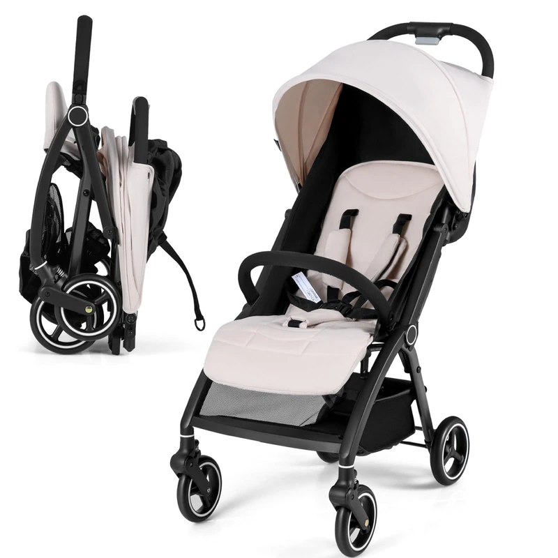 GYMAX Baby Stroller, Foldable Toddler Pushchair with Adjustable Backrest, Canopy and Calf Support, Storage Basket, Baby Buggy Pram Carriage for 0-3 Years Old Infant Kids (Beige)